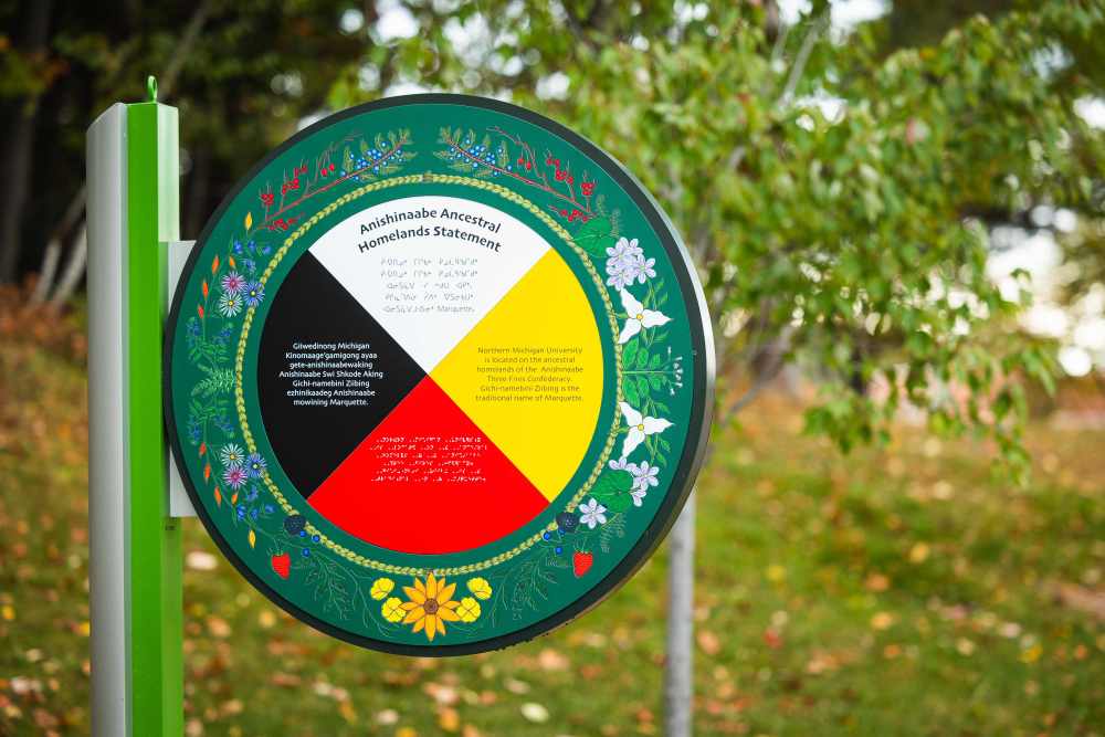 Park signage with medicine wheel and traditional language