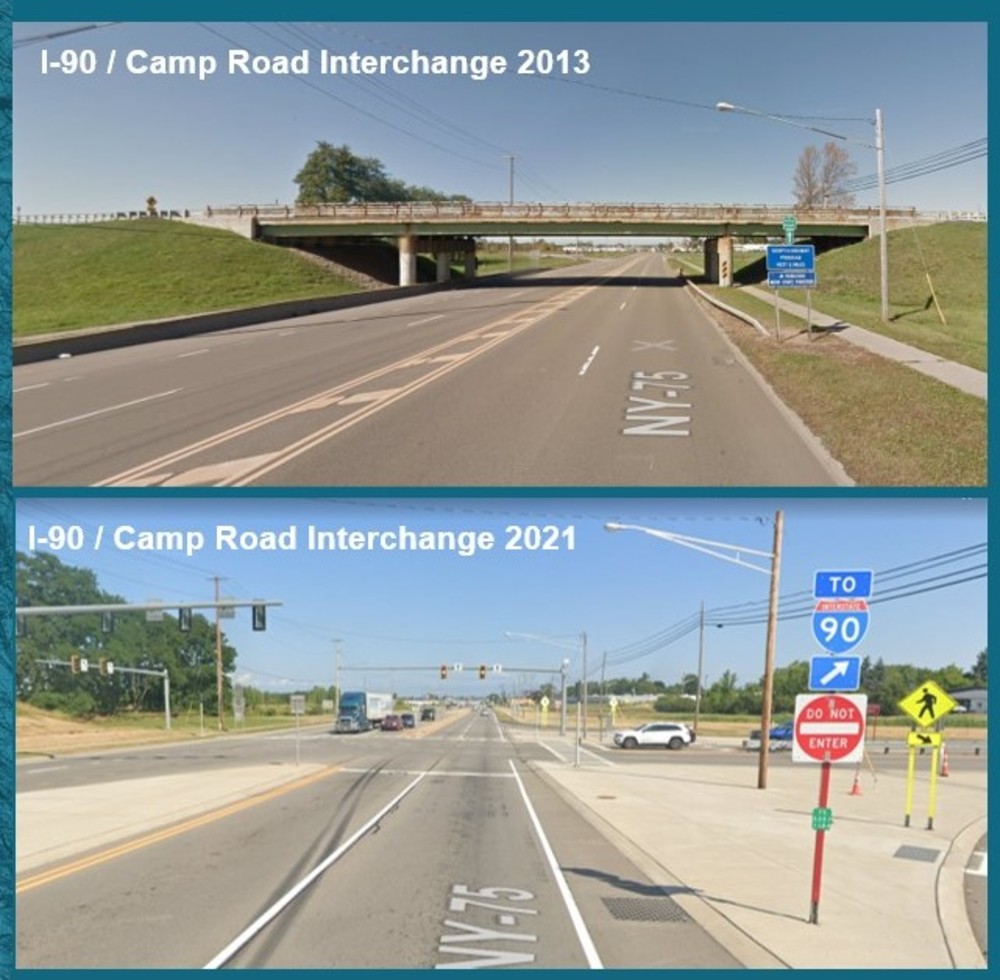 Before and after photos of I-90 at Camp Road new at-grade intersection