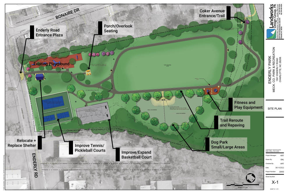 Colored rendering of Enderly construction plans showing basketball, pickleball, tennis, dog park, play, etc.