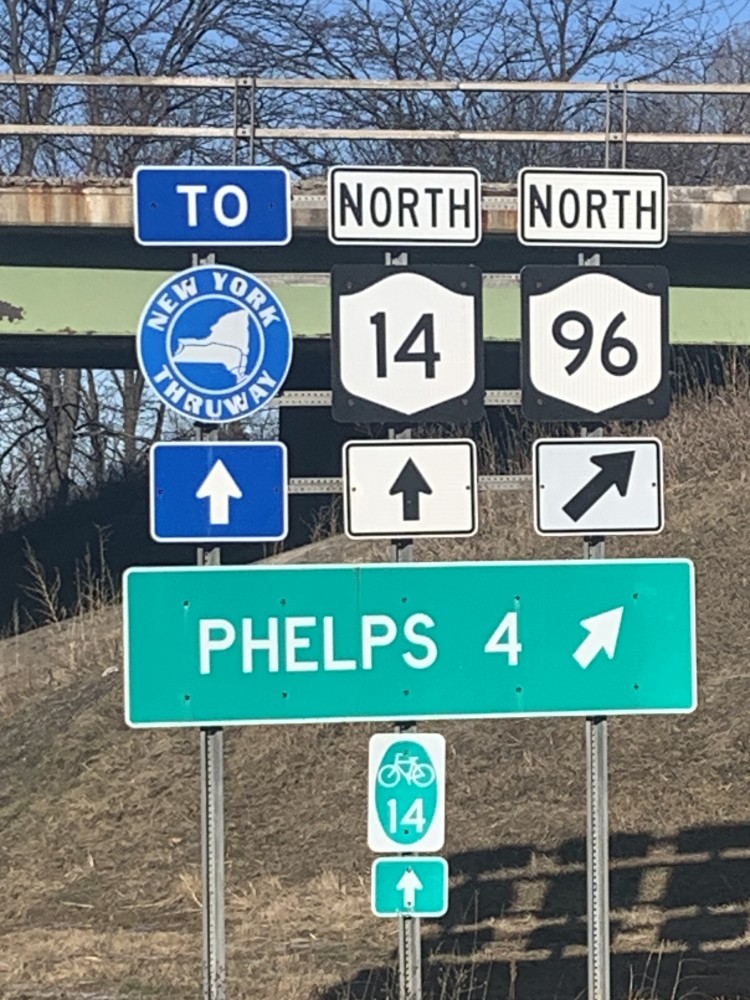 highways signs for NY Thruway, Rout 14 North and Route 96 North