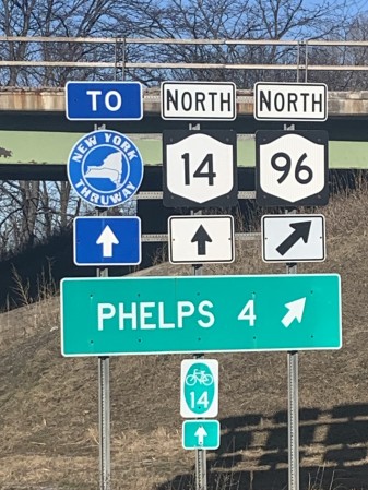 highways signs for NY Thruway Rout 14 North and Route 96 North