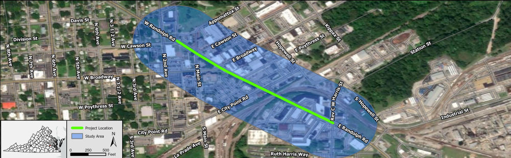 Study area map for Project Pipeline Study RI-23-10 depicting the Route 10 (Randolph Road) corridor between W. Cawson Street to N. Terminal Street/Rev CW Harris Street within the City of Hopewell