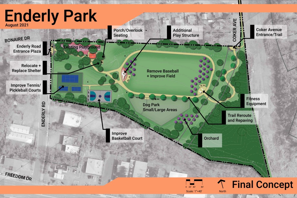 concept plan for enderly park that includes tennis court, 2 pickle ball courts, shelter, basketball courts, playground and dog park
