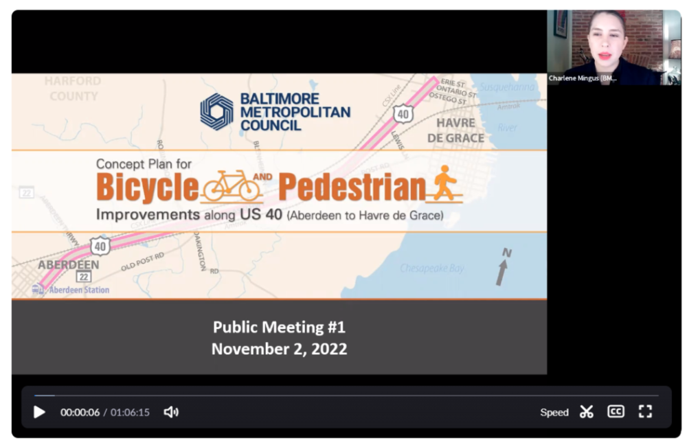 Screenshot of Video from Public Meeting for Concept Plan for Bicycle and Pedestrian Improvements along US 40 (Aberdeen to Havre de Grace)