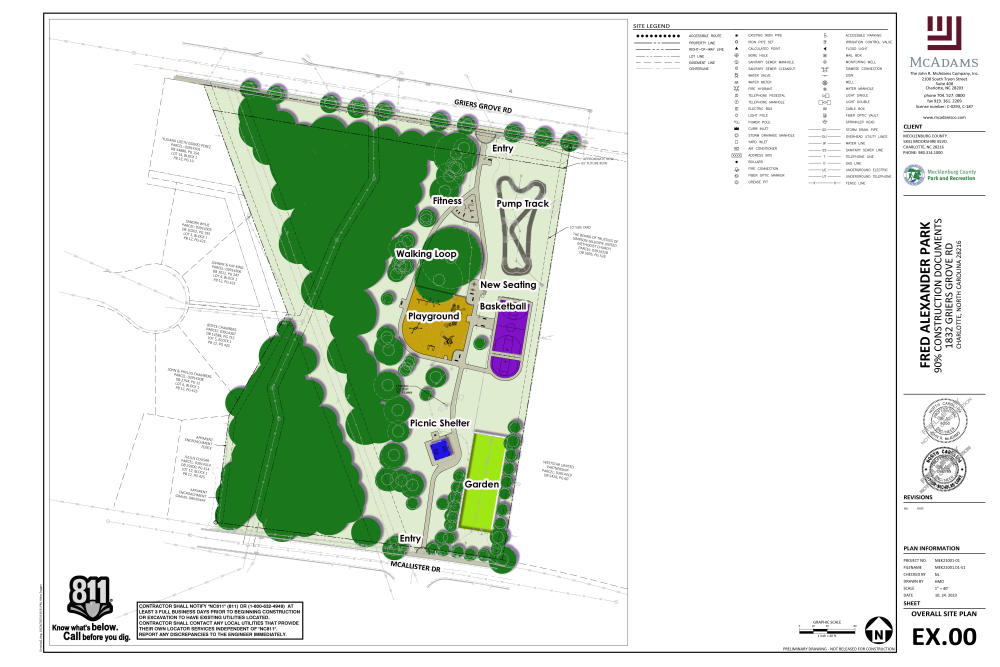 Rendered site plan that shows pump track, playground, fitness, shelter, basketball and garden and trees.