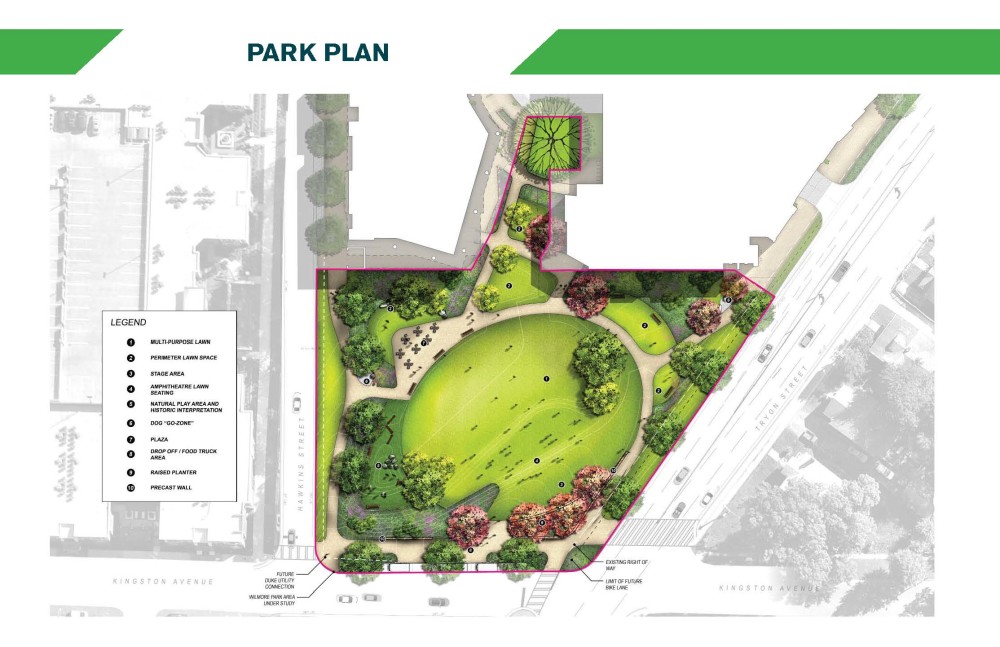 Image of a map that shows the design for Wilmore Centennial Park in plan view.