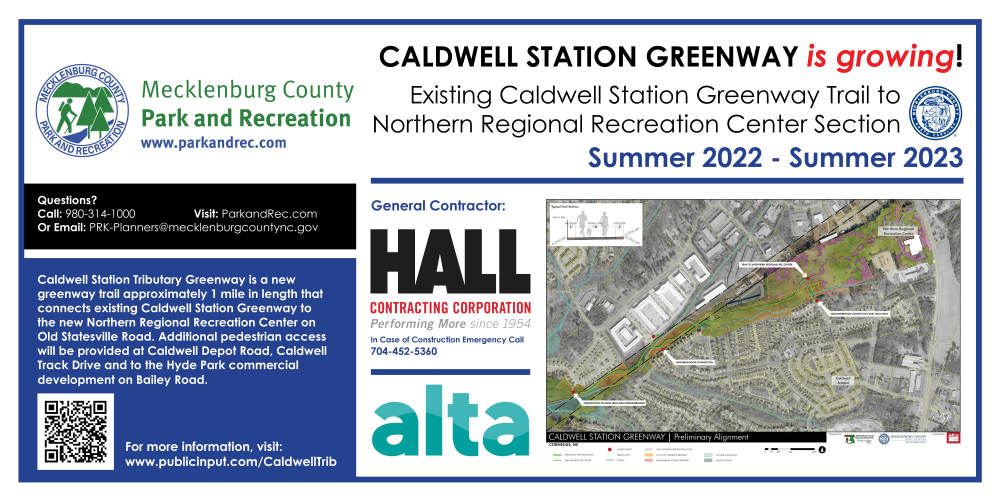 Caldwell Trib Greenway Construction sign with map, contractor name, contact information and general greenway information.