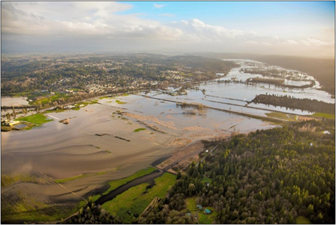 Aerial photo of a flooded Snoqualmie Valley.