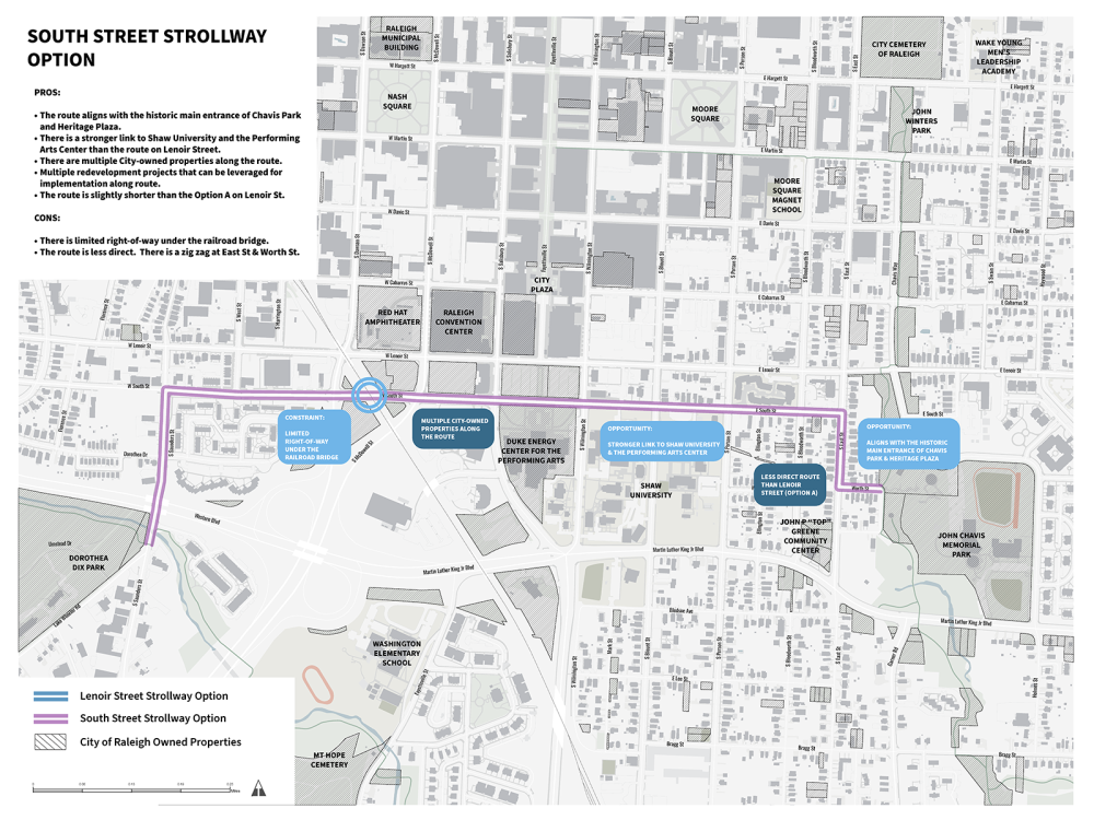 Map showing South Street strollway route option in Raleigh