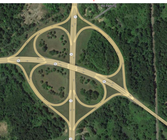 Satellite View of Route 96 over Route 14
