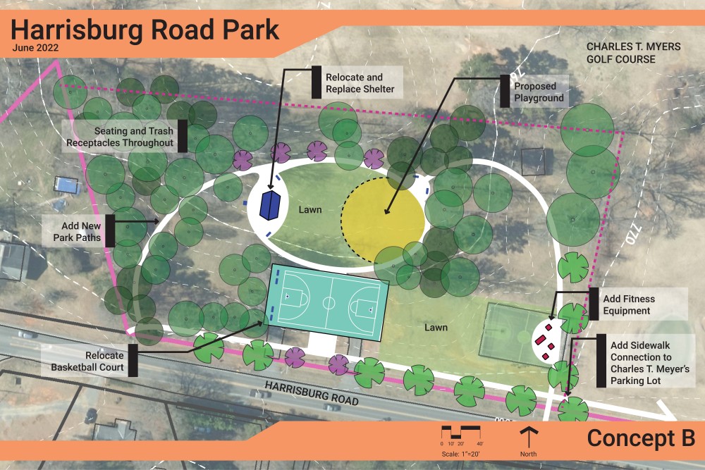 Harrisburg Concept B with no parking, relocated basketball, playground and shelter.