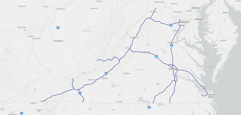 Current Virginia Alternative Fuel Corridor Map