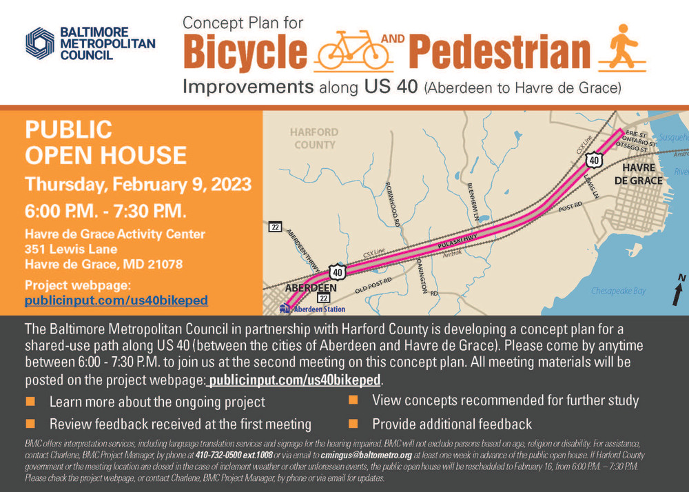 Phase 2 public meeting postcard - Concept Plan for Bicycle and Pedestrian Improvements along US 40 (Aberdeen to Havre de Grace)