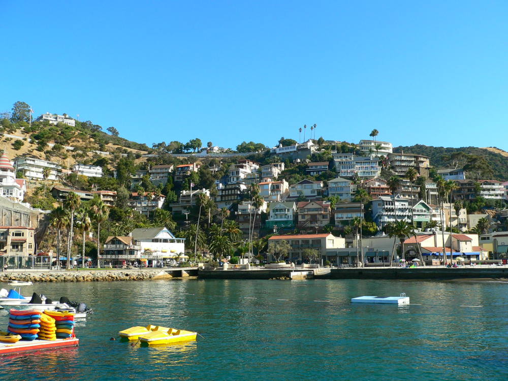 This image shows a view of Avalon’s city nestled against the steep mountainous terrain. The image is taken from the pier, approximately midway along Avalon’s waterfront edge. Various paddle boats and hand powered boats are evident in the left side of the image. 