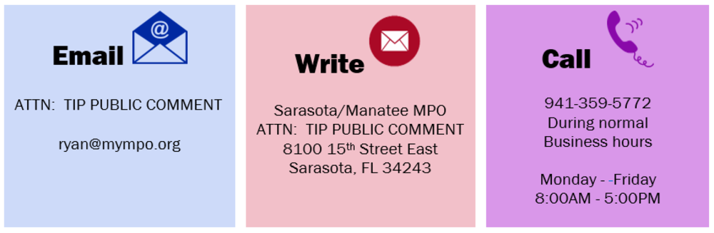 Public Comment is solicited please email Ryan Brown at Ryan@mympo.org or call the Sarasota/Manatee MPO at 941-359-5772