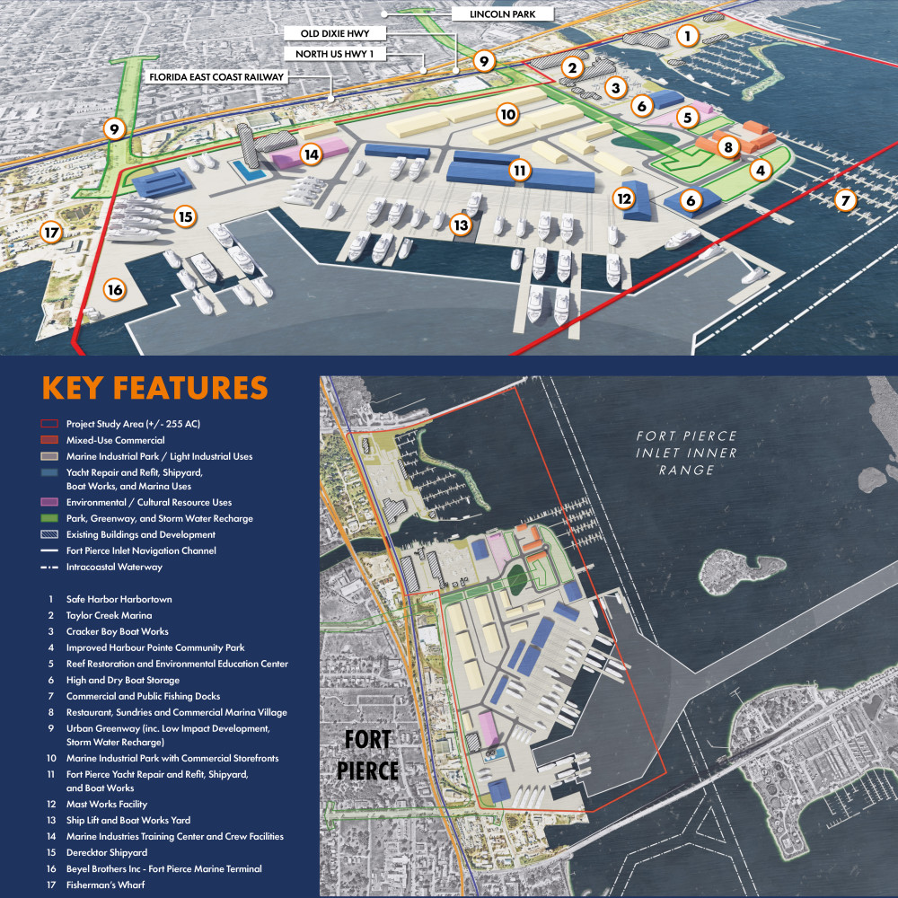 Concept One contemplates Port transformation into one of the largest centers for motor and sailing yacht Maintenance, Repair, and Overhaul (MRO) and marine industrial services along the Eastern Seaboard.  Ship lift facilities with related open air and high bay (covered) service areas are centrally positioned with specialized buildings for sailing yacht mast maintenance and other functions arrayed around the perimeter.  New in-water berths supporting wet slip MRO activities and vessel berthing are provided.   Marine industrial warehouses with commercial storefronts line North 2nd Street and parcels surrounding the central yacht MRO.  These large and small unit clusters host electronics businesses, hydraulics companies, engine repair, shaft and propeller works, sail makers, technology, research, storage, and a variety of other marine related businesses.  A new marine industries education center is introduced adjacent to the existing silos.    Harbour Pointe Park is renewed to host park and recreational boating features.  An anchor tenant of this zone is the expanded Reef Restoration and Marine Ecology Education Center.  This facility will include extension programs from Indian River State College and other institutions of higher learning.  Park facilities and needed storm water recharge zones are configured to form greenways reaching back into the Lincoln Park Community, Fisherman’s Wharf, and the Downtown.   In the middle of the poster is an axonometric view of the project site representing Concept One.  Below this view of the site is the Key Features legend: Project Study Area ( /- 255 AC) is denoted by a red solid boundary Mixed-Use Commercial is represented by an orange fill Marine Industrial Park / Light Industrial Uses is shown as a light cream fill Yacht Repair and Refit, Shipyard, Boat Works, and Marina Uses is represented by a blue fill Environmental / Cultural Resource Uses is denoted by a purple fill Park, Greenway, and Storm Water Recharge is represented by a green fill Existing Buildings and Development is represented by a white diagonal hatch Fort Pierce Inlet Navigation Channel is denoted by a white solid line Intracoastal Waterway is represented by a white dashed line  1.	Safe Harbor Harbortown 2.	Taylor Creek Marina  3.	Cracker Boy Boat Works 4.	Improved Harbour Pointe Community Park 5.	Reef Restoration and Environmental Education Center 6.	High and Dry Boat Storage 7.	Commercial and Public Fishing Docks 8.	Restaurant, Sundries and Commercial Marina Village 9.	Urban Greenway (inc. Low Impact Development, Storm Water Recharge) 10.	Marine Industrial Park with Commercial Storefronts 11.	Fort Pierce Yacht Repair and Refit, Shipyard, and Boat Works 12.	Mast Works Facility 13.	Ship Lift and Boat Works Yard 14.	Marine Industries Training Center and Crew Facilities   15.	Derecktor Shipyard 16.	Beyel Brothers Inc - Fort Pierce Marine Terminal 17.	Fisherman’s Wharf